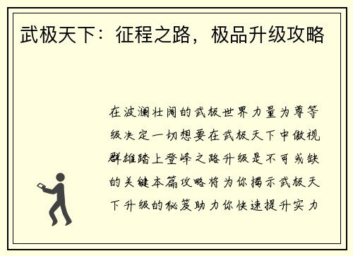 武极天下：征程之路，极品升级攻略