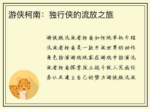 游侠柯南：独行侠的流放之旅